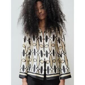 ZARA Tan Black Button Down Long Sleeve Shirt Geometric Print Women's size Small